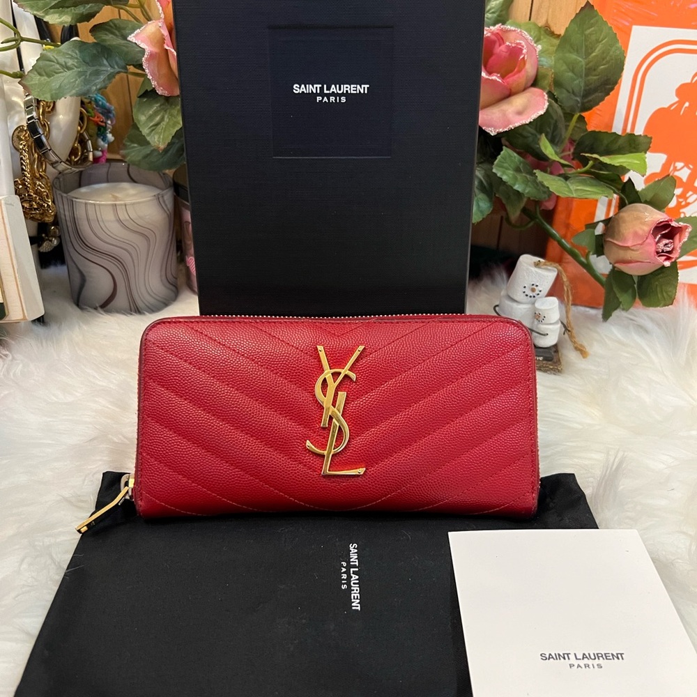 YSL Red Leather Zip Around Long Wallet Authentic